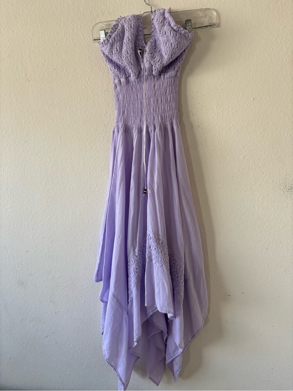 Lavender Fairy cottage core maxi dress with lace trim and tie back